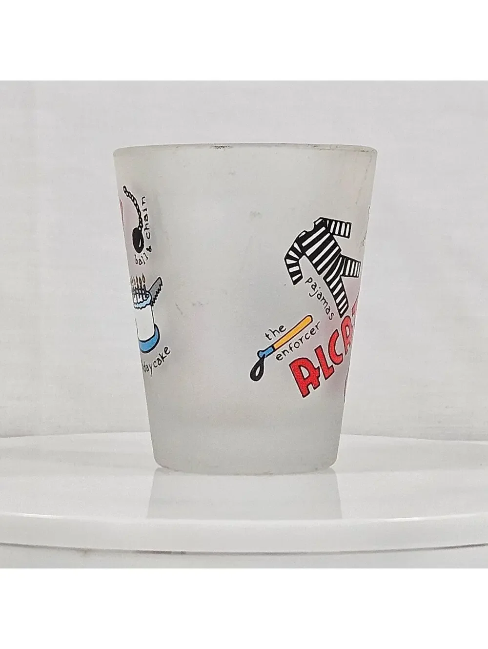 Vintage Alcatraz Frosted Shot Glass Prison Humor Novelty San Francisco Souvenir